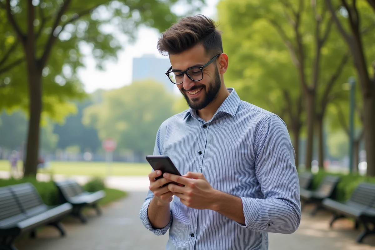 Jeune homme souriant utilisant son smartphone dans un parc urbain