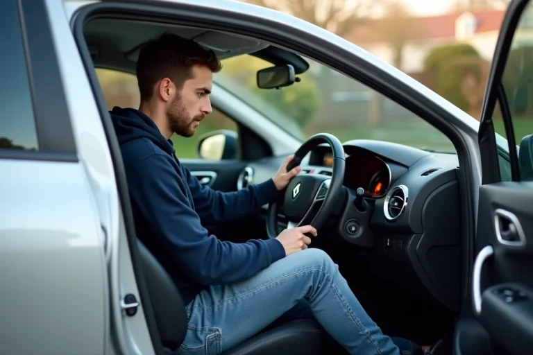 Jeune homme dans sa voiture Renault Clio en extérieur
