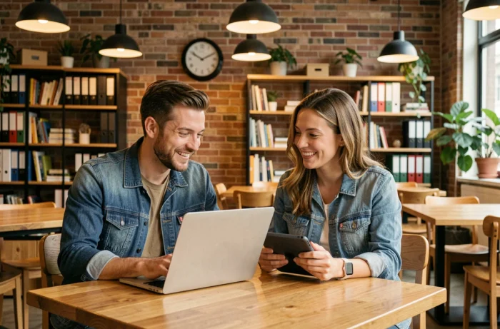 Deux jeunes professionnels consultant des offres d'emploi en ligne dans un espace de coworking tendance