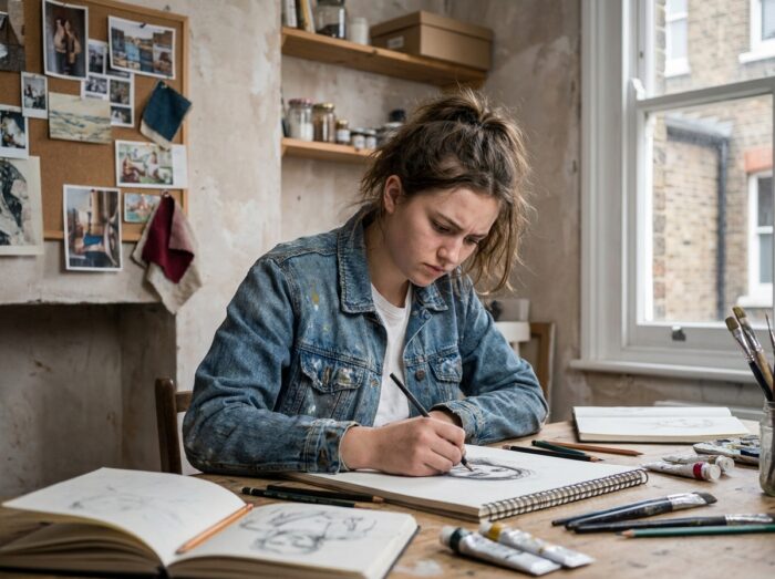 Jeune lycéenne en terminale générale qui prépare son dossier artistique pour une prépa art, dessinant dans son atelier personnel