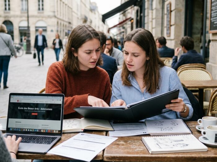 Deux lycéennes en terminale discutant de leur candidature à une école préparatoire artistique autour d'un portfolio dans un café parisien