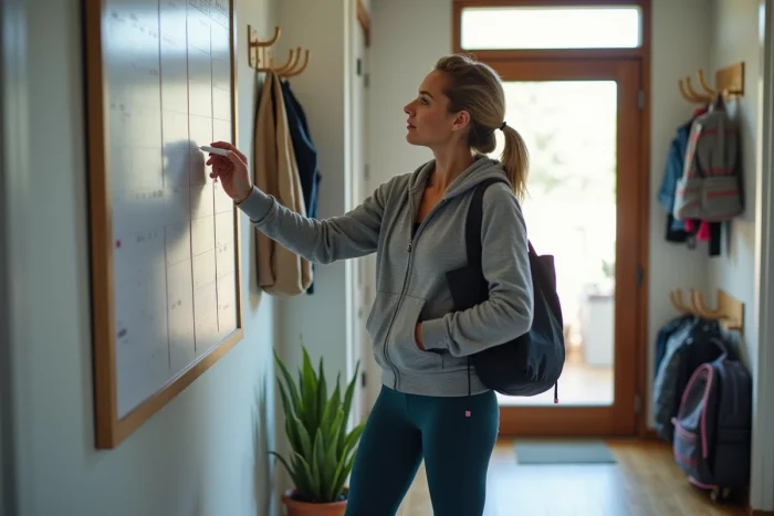 Maman active organisant le planning familial sur un calendrier mural dans l'entrée de la maison