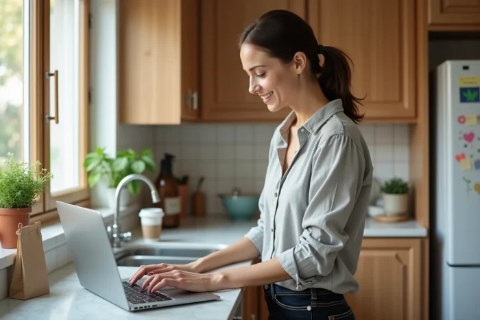 Maman moderne multitâche dans une cuisine contemporaine, travaillant sur un ordinateur portable tout en préparant le repas