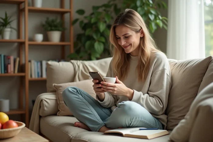 Maman sereine profitant d'un moment de pause sur un canapé, consultant son téléphone et prenant des notes