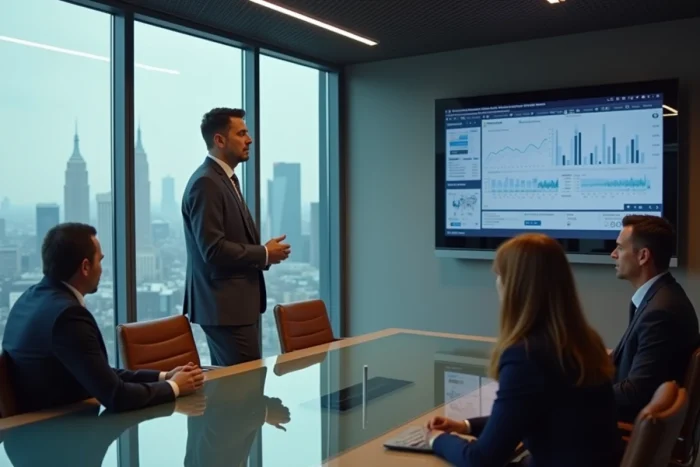 Manager en réunion de direction présentant une stratégie d'évolution professionnelle à son équipe dans une salle de conférence contemporaine