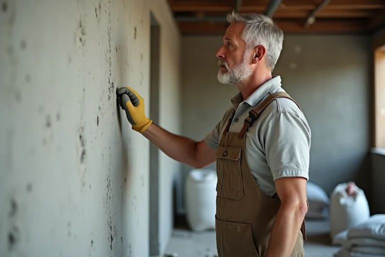 Maçon inspectant un mur en plâtre intérieur avec concentration
