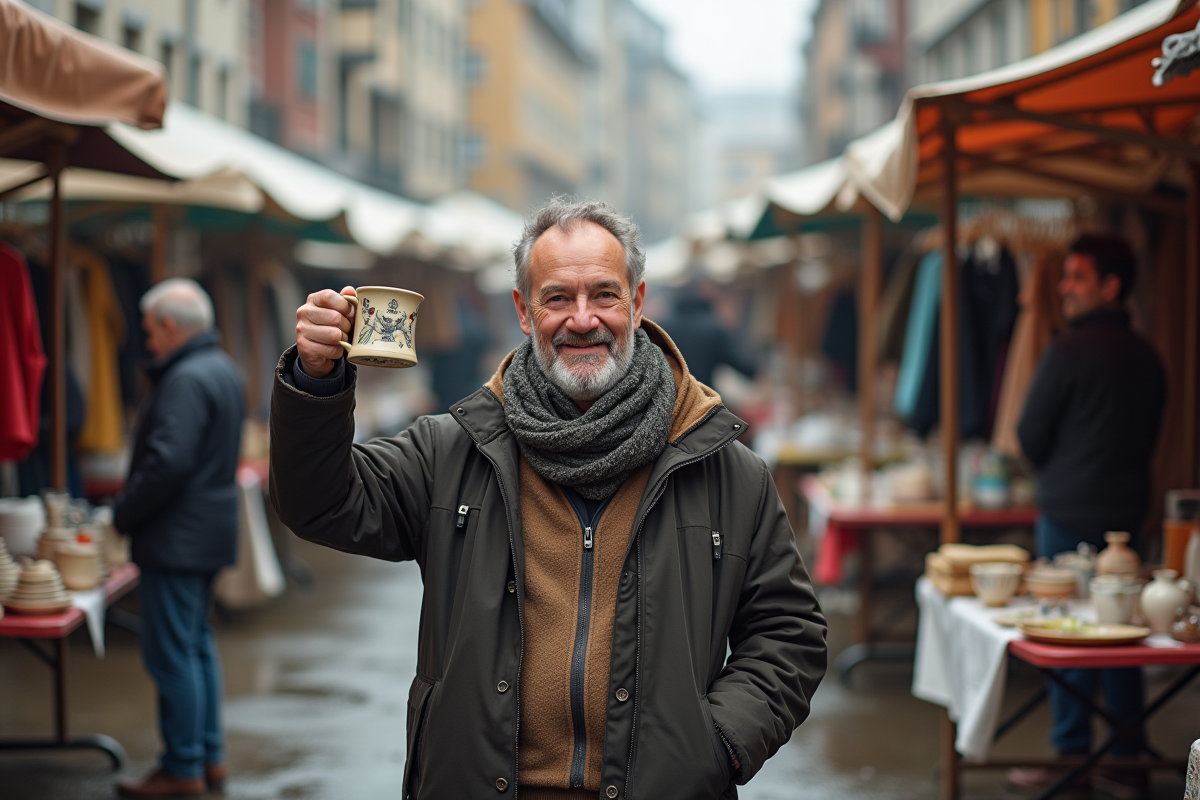 Homme souriant tenant une tasse vintage au marché en plein air