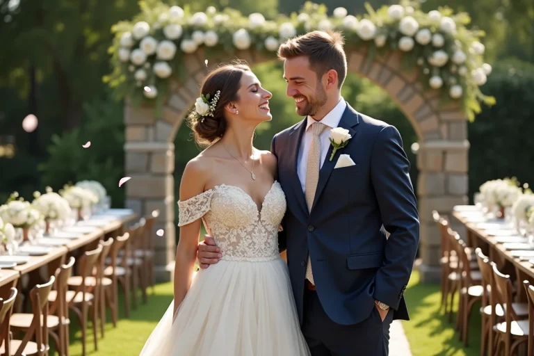 Mariés souriant sous un arche fleurie dans un jardin élégant lors de leur mariage en plein air