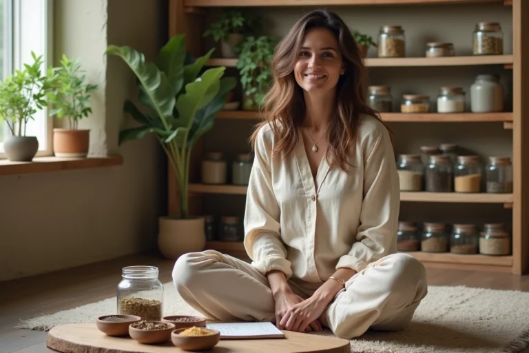 Naturopathe assise en consultation avec des plantes médicinales et un carnet de soins naturels sur une table en bois