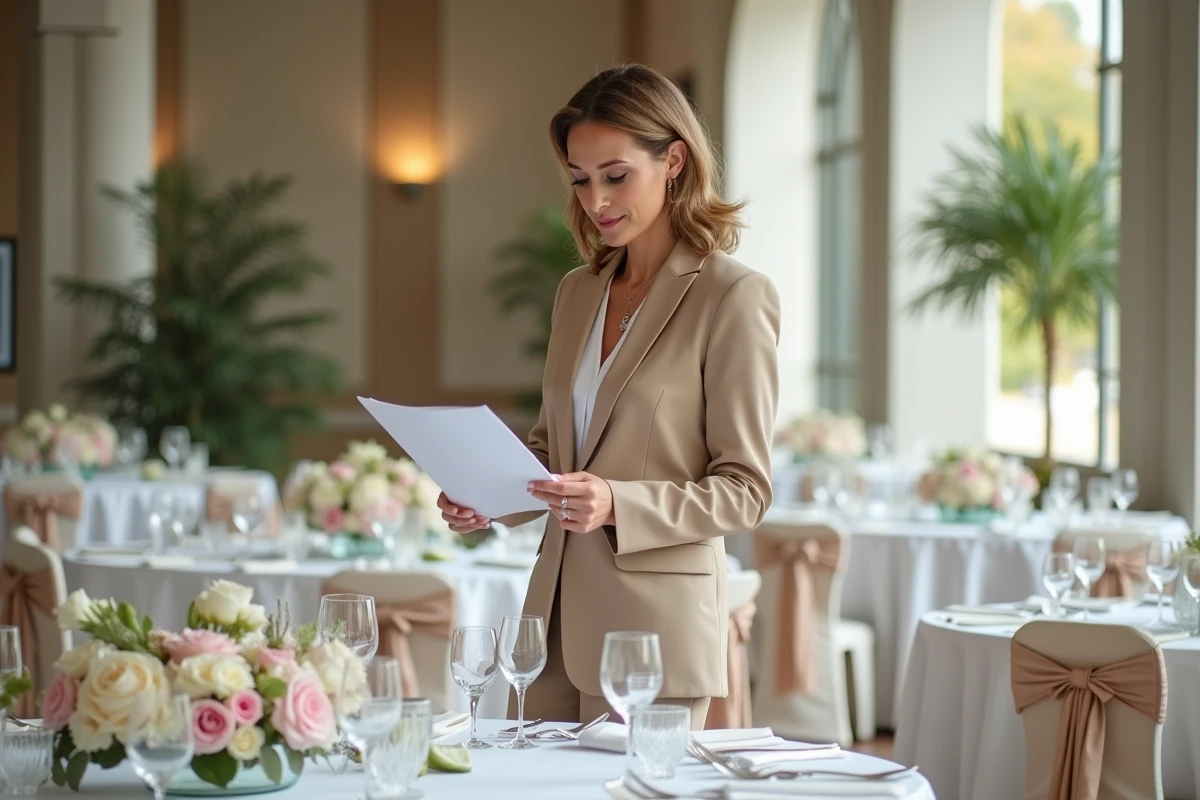 Femme planificatrice de mariage vérifiant une liste dans la salle