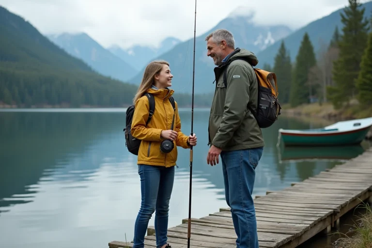Père et fille pêchant sur un pont en bois au bord d'un lac