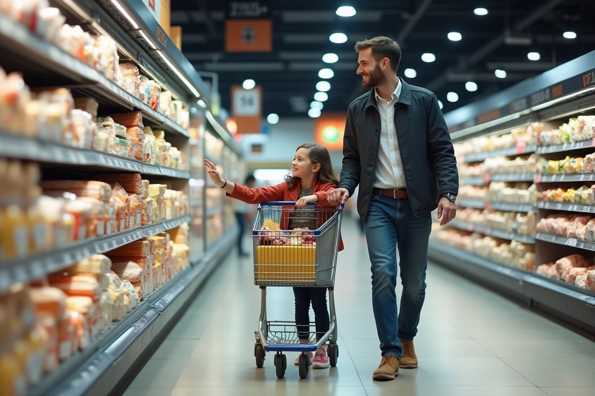 Père et fille faisant leurs courses dans un supermarché