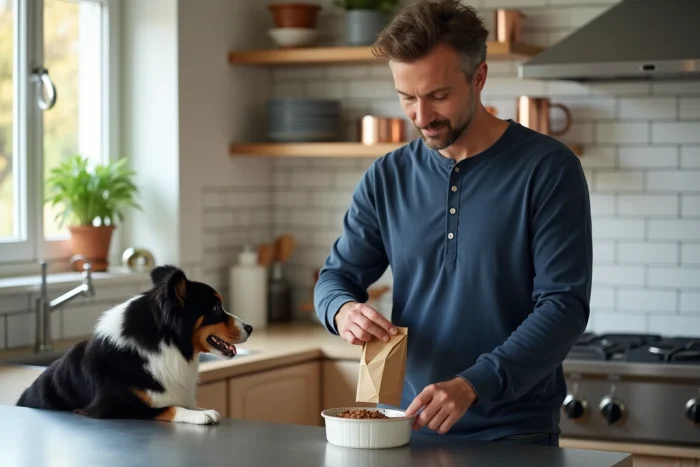 Homme préparant la gamelle de son border collie dans une cuisine moderne, alimentation équilibrée pour chien au quotidien