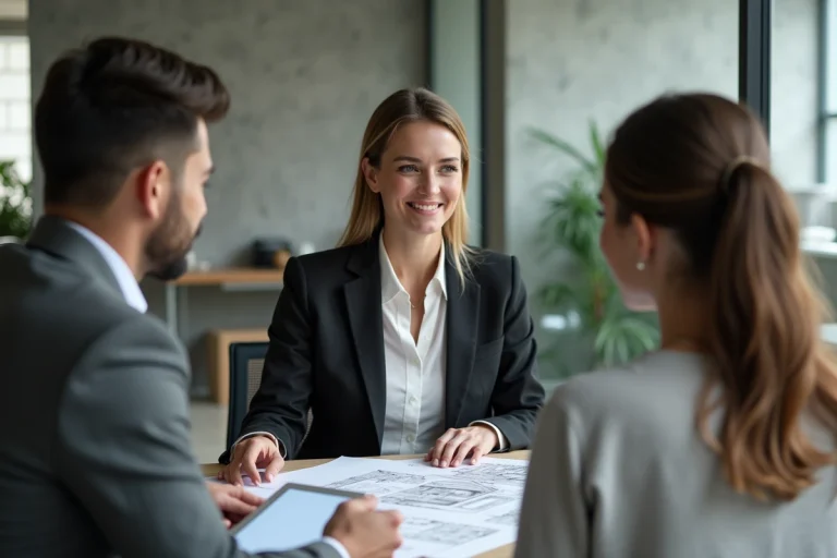 Femme professionnelle présentant des plans immobiliers à un couple