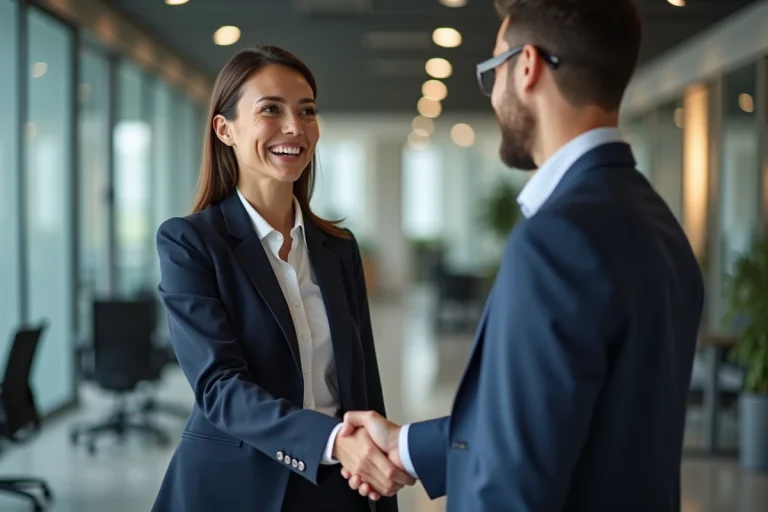 Femme cadre recevant une promotion de son supérieur hiérarchique dans un bureau moderne, symbolisant la mobilité verticale ascendante en entreprise
