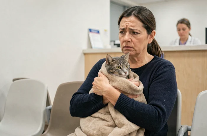 Propriétaire de chat inquiète dans une salle d'attente vétérinaire tenant son chat gris dans une couverture