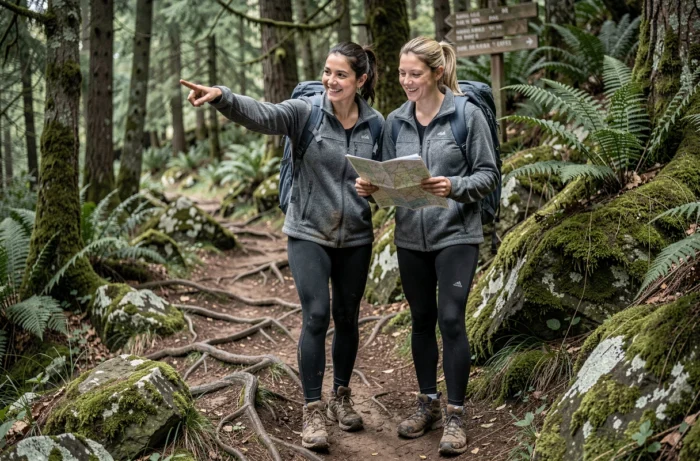 Deux femmes en randonnée sur un sentier forestier balisé consultant une carte, illustrant une activité de loisirs nature accessible