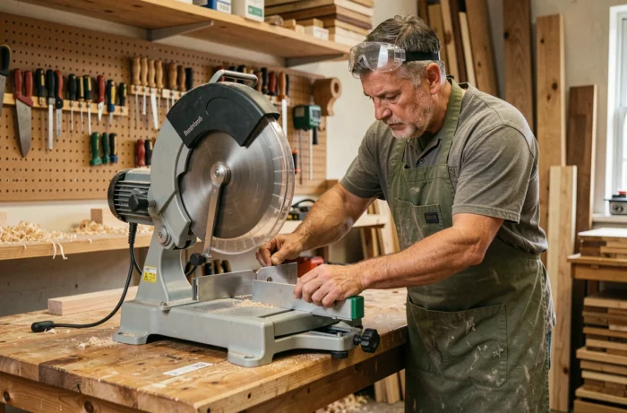 Menuisier expérimenté ajustant l'angle de biseau d'une scie radiale dans un atelier de menuiserie traditionnel