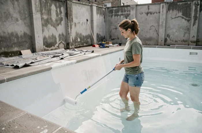 Femme appliquant un revêtement époxy lors de la rénovation d'une piscine enterrée vidée
