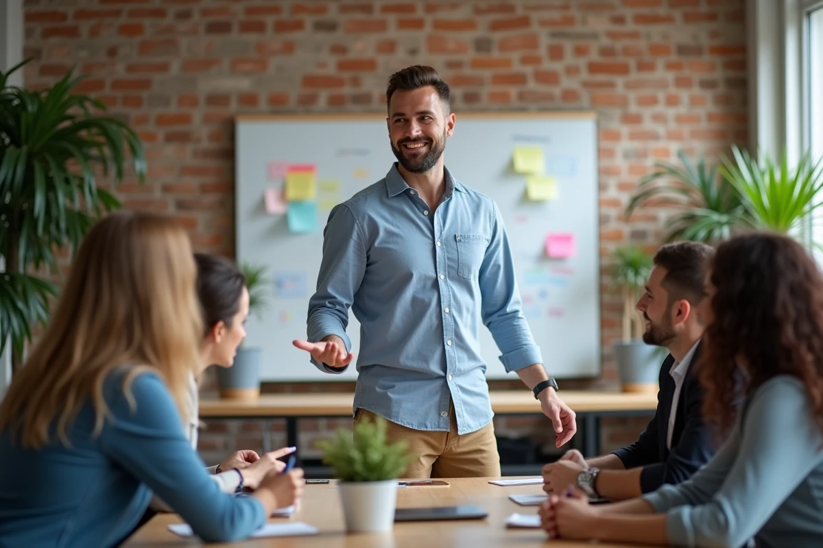 Homme en discussion avec son équipe dans un espace de coworking
