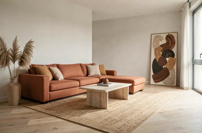 Salon scandinave moderne aux tons terracotta avec canapé en lin, table basse en travertin et décoration végétale tendance 2024