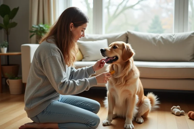 Femme brossant son golden retriever dans un salon chaleureux, soin quotidien du pelage d'un chien à la maison