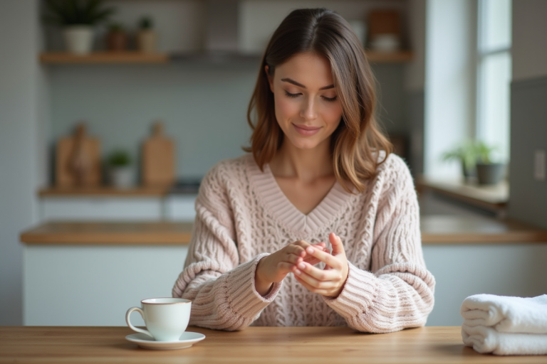 Femme appliquant une creme sur ses mains dans un interieur moderne