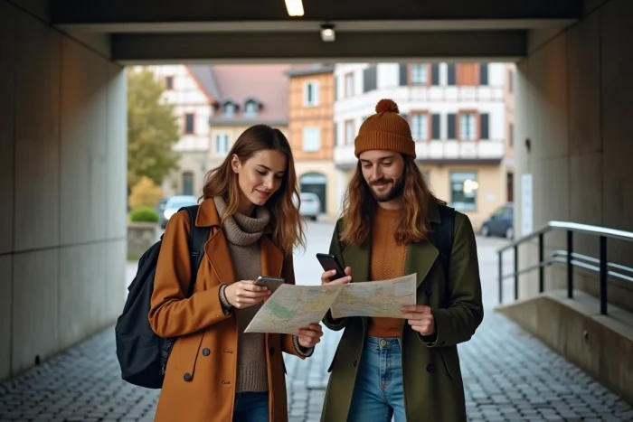 Couple consultant un plan à la sortie piétonne d'un parking souterrain à Colmar