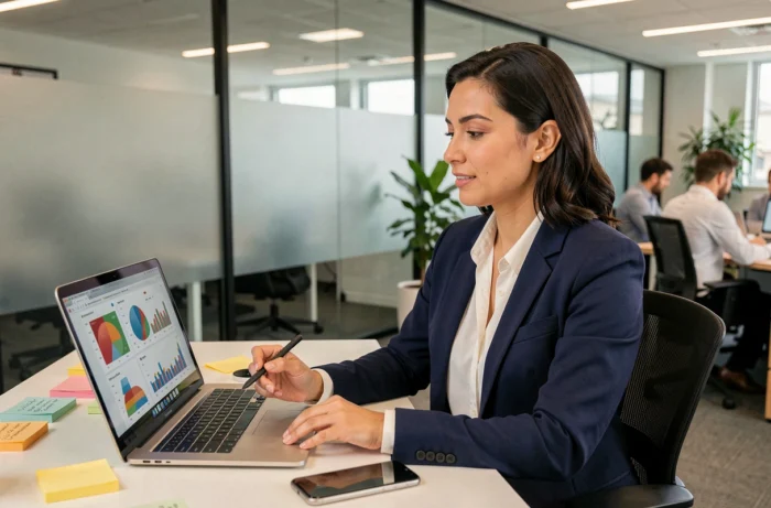 Femme professionnelle analysant des tableaux de bord de marketing digital sur un ordinateur portable dans un bureau moderne