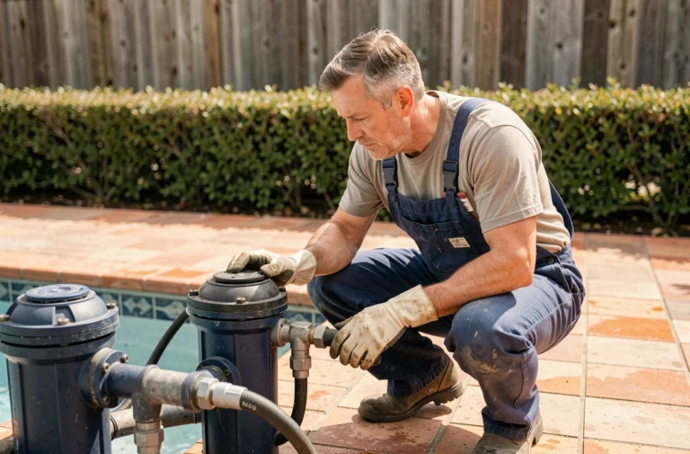Technicien inspectant le système de filtration d'une piscine enterrée lors d'un entretien professionnel