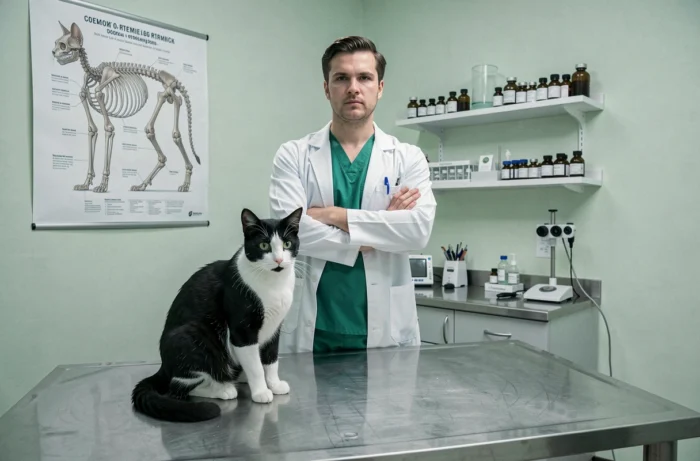 Vétérinaire en blouse blanche les bras croisés face à un chat sur une table d'examen en cabinet vétérinaire