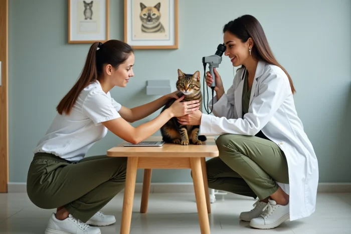 Jeune femme accompagnant son chat chez le vétérinaire pour un bilan de santé, soins réguliers et bien-être de l'animal