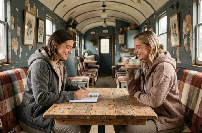 Deux voyageuses profitant de l'intérieur d'un wagon de train reconverti en hébergement insolite et responsable